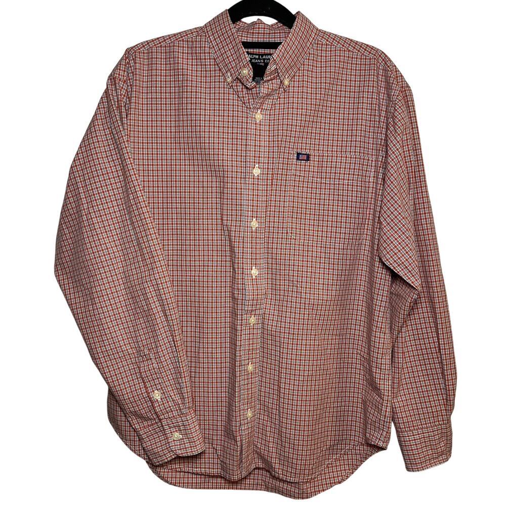 Vintage Ralph Lauren Jeans Co Button Down Shirt Red Plaid Sz Large American Flag